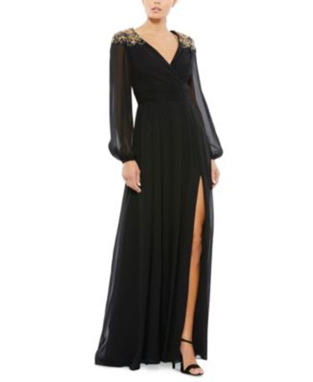 IEENA MAC DUGGEL BLACK BEADED SHOULDER COLLAR CHIFFON GOWN, A04, NWT, $310